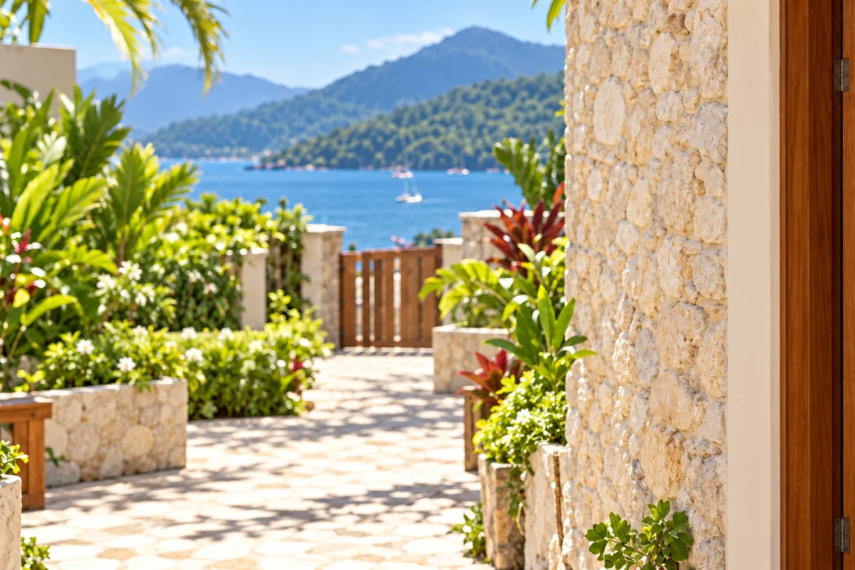 Entrada de uma casa com jardim e vista costeira inspirada em Ilhabela