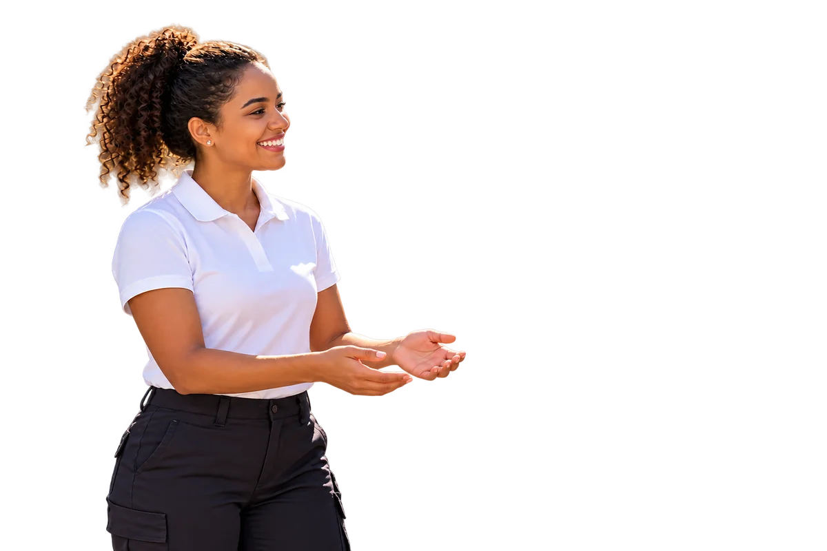 Cliente sorrindo, de mãos livres, aguardando sua encomenda